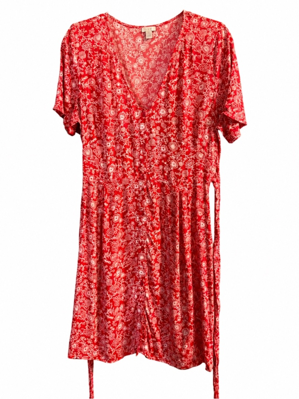 Hinge Red White Floral V Neck Tie Waist Dress Size M